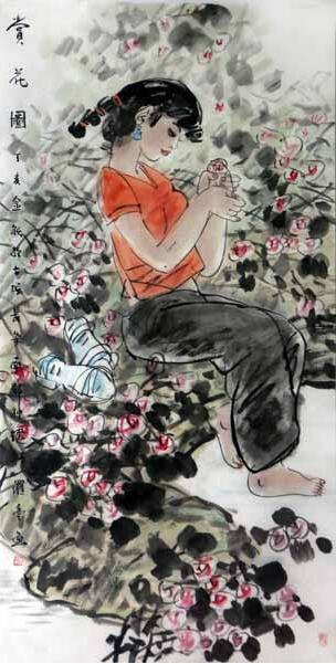 羅寧人物畫作《賞花圖》入拍成功書畫網（微）拍七十二期