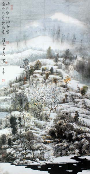 盧云亭山水畫作《山外斜陽湖外雪》入成功網（微）拍六十