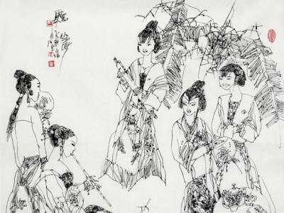 馬自強人物畫《聽蕭》入拍成功書畫網（微）拍第六十期拍