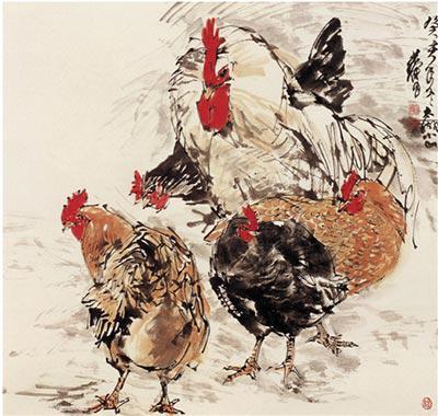 　　現代 黃胄 五雞 64×66cm 1983年 紙本