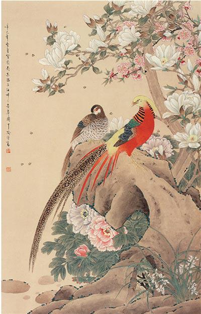 　　現代 喻繼高 玉蘭錦雞 146×83cm 2001年紙本