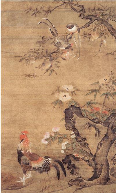 　　明 呂紀 榴葵綬雞圖 200.8×105cm 絹本