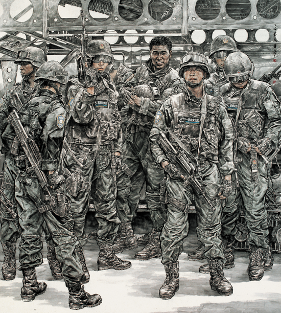 《雪狼突擊隊(duì)》 250cm×230cm 2007　（第11屆全國美展金獎(jiǎng)暨首屆中國美術(shù)獎(jiǎng)創(chuàng)作金獎(jiǎng)）