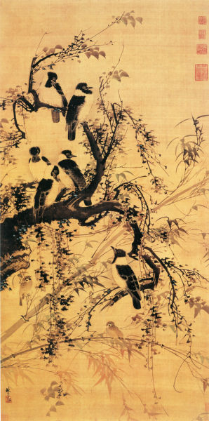 《秋林聚禽圖》 絹本 設色 縱153厘米 橫77厘米 廣州美術館藏