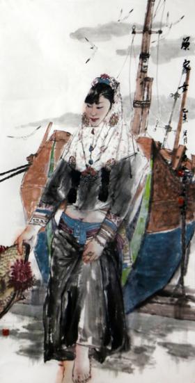安奇人物畫作品《漁家女》入成功書畫網（微）拍第九十五期拍賣
