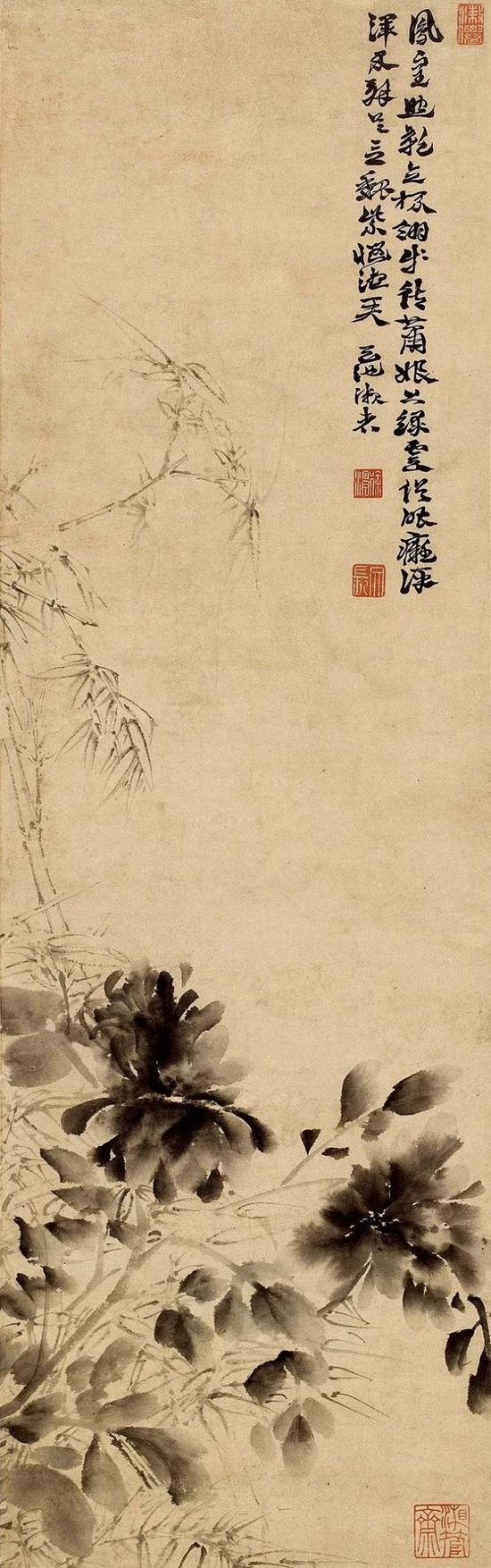 徐渭，《墨竹牡丹圖》軸，紙本水墨，立軸，縱106厘米，橫32.5厘米