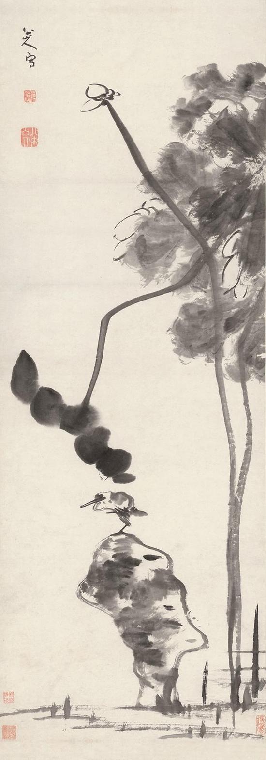 八大山人《荷石水鳥圖軸》，紙本水墨，127×46cm，清，故宮博物院藏