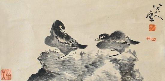 八大山人《鳥石圖》，紙本水墨，清
