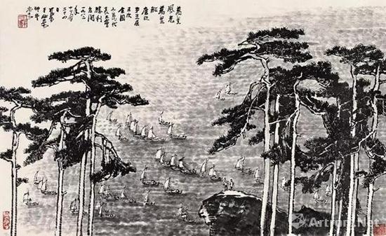 李可染  萬里風光萬里船 鏡心 水墨紙本 1982年作 48×79 cm。