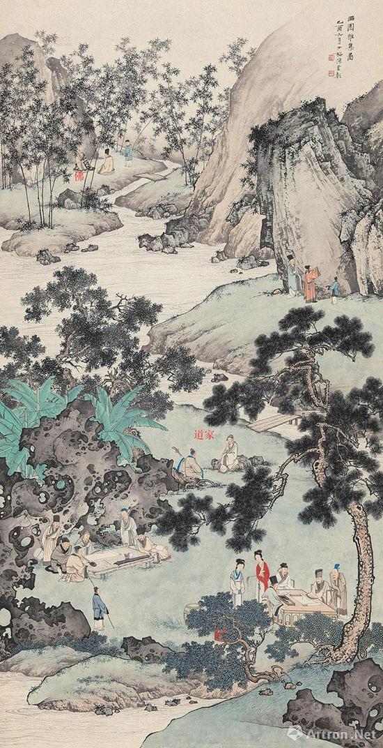畫中賦詩、作畫三組代表儒家、彈琴代表了道家，問道代表了佛家，畫中蘊含著儒釋道的思想和精神，這正是南宗文人畫所追求的意境