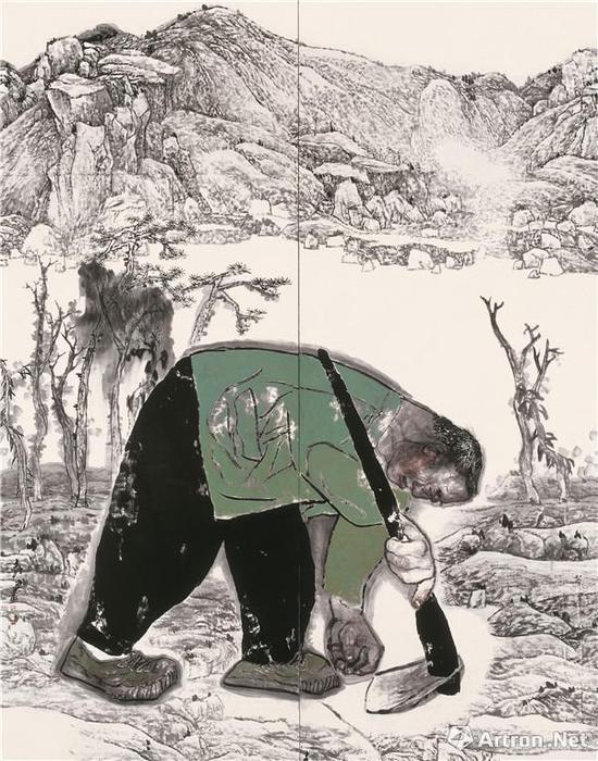袁武《在朱耷山水上耕種》340×340cm 宣紙水墨 2011年