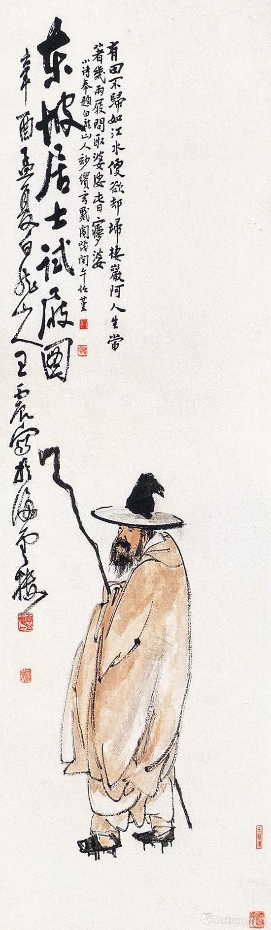 王震  《東坡試履圖》 1921年作  108×38厘米  設(shè)色紙本