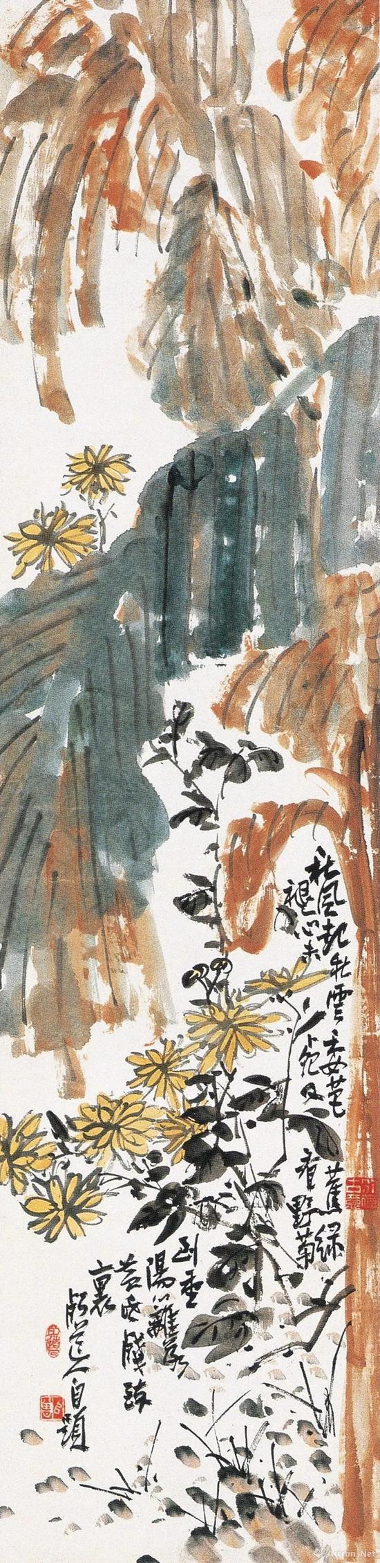 陳師曾 《芭蕉秋菊》  立軸  132×32.5厘米  設(shè)色紙本