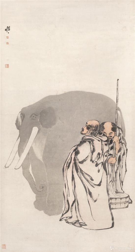 閔貞 《洗象圖》軸 紙本設(shè)色 　　縱 224cm 橫 120cm