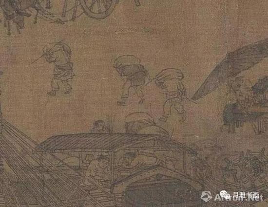 宋本《清明上河圖》中的監工與搬運工，手中的竹簽是計件發酬的憑證（圖16）