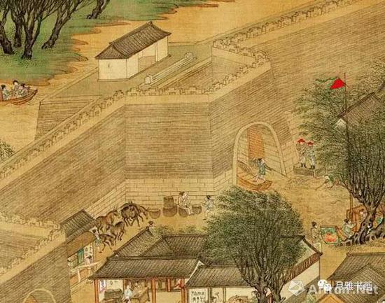 明本《清明上河圖》：水門的防守倭寇的狀況，城門上方的缺口是千斤閘（圖12）