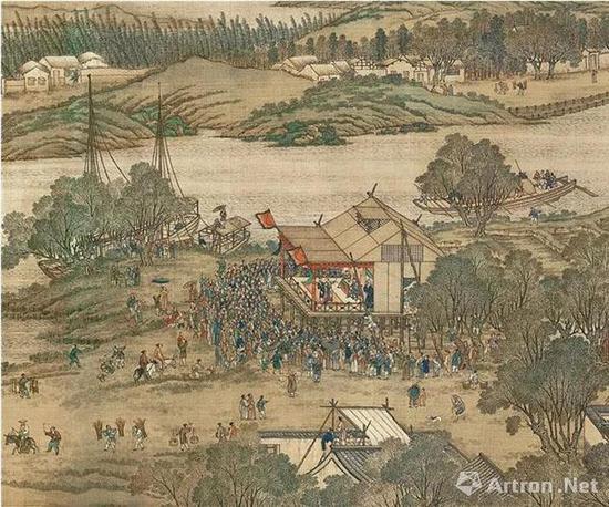 　　（清）陳枚、孫祜、金昆、戴洪、程志道 　　清院本 清明上河圖（局部） 絹本設(shè)色縱35.6厘米橫 1152.8厘米 臺北“故宮博物院”藏