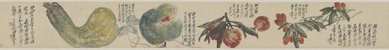 吳昌碩 《珍果圖卷》，依次繪制荔枝、大桃、西瓜、倭瓜。
