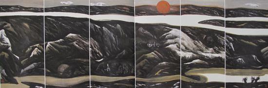 5。董繼寧《長河落日圓》中國畫 136cm×408cm 1991年