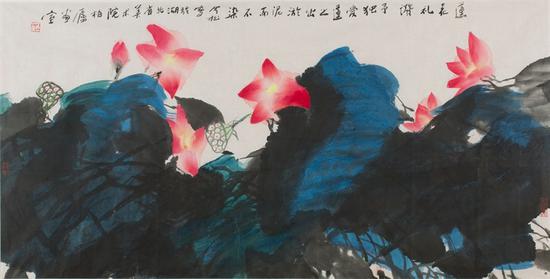 8。馮今松《蓮花禮贊》中國畫 69cm×138cm 2000年 湖北美術館藏