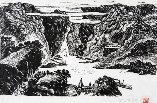 25。師群《三峽》黑白木刻 35cm×58cm 1959年 湖北美術館藏