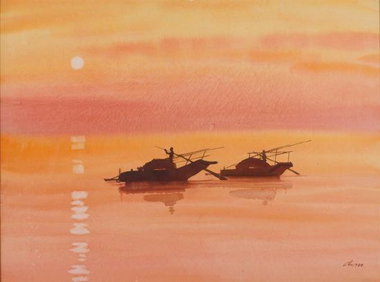 34。魏正起 《漁舟唱晚》57cm×88cm，1988年 湖北美術館藏