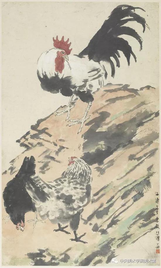 徐悲鴻   三雞圖    紙本設色   84×50