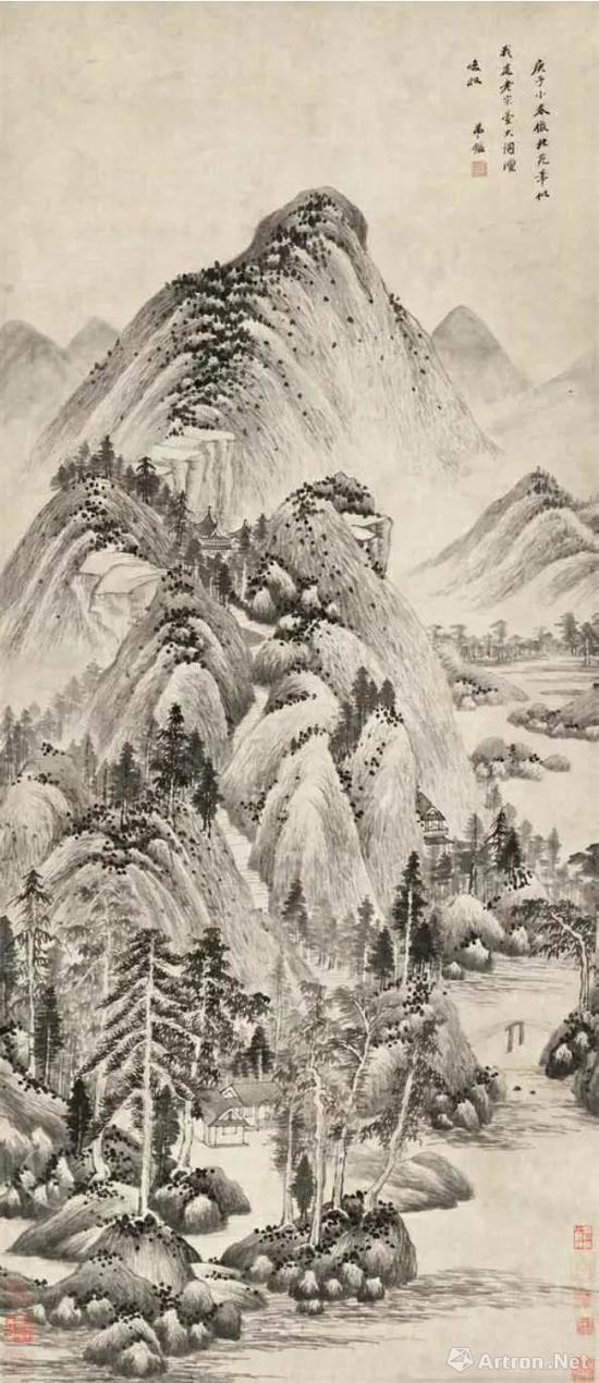 [清］王鑒臨董源山水圖167cm×72.5cm紙本墨筆1660年王南屏舊藏