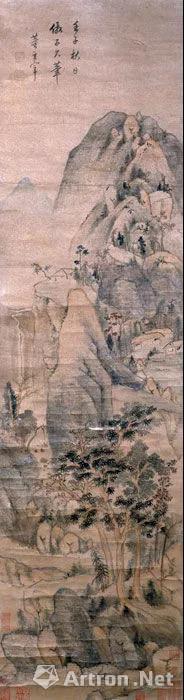 明董其昌仿黃公望山水圖軸 長122.5厘米，橫33厘米 現藏湖南省博物館
