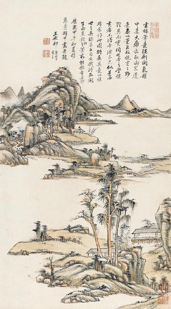 王原祁《疏林遠岑》軸，紙本設色，73厘米×40.5厘米，1714年