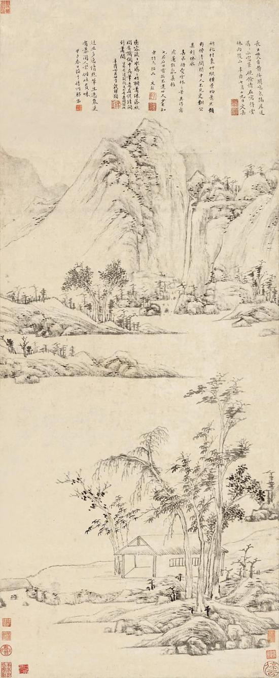 文嘉《雨后山圖》軸，紙本水墨，121.5厘米×49.5厘米，1565年