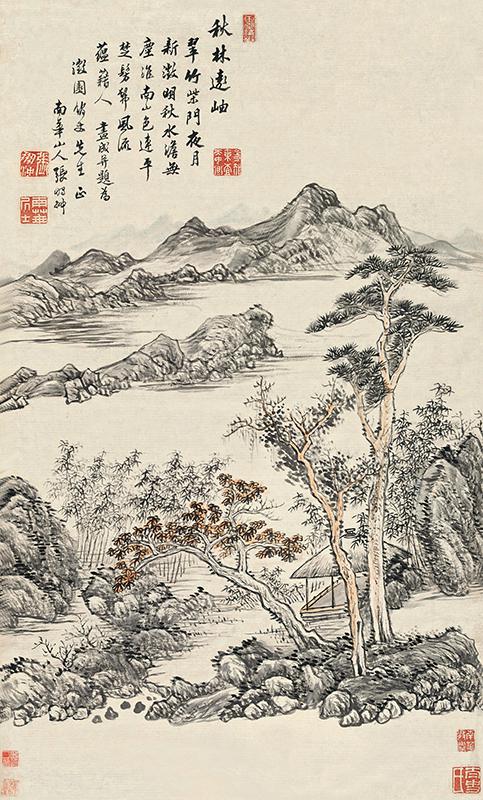 張鵬翀《秋林遠岫》軸，紙本設色，84厘米×50.3厘米