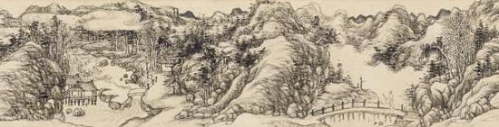 勵宗萬《仿吳鎮夏木垂蔭》卷（局部），紙本水墨，90.9厘米×15.1厘米