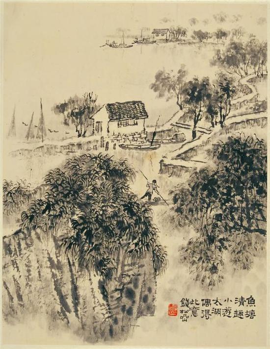 錢松喦 《魚塘清趣》35.5×27cm 20世紀50年代