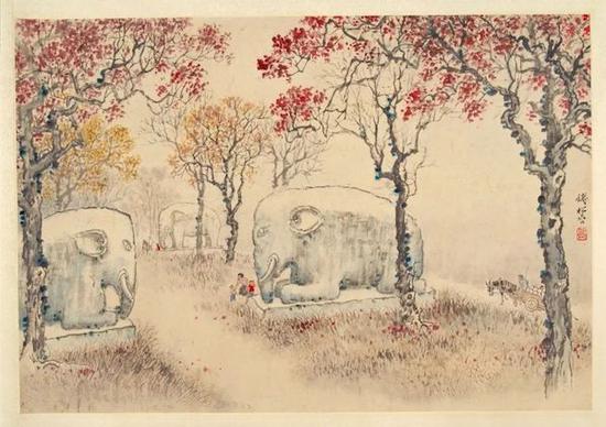 錢松喦 《明陵石象路》 36×52cm 20世紀50年代
