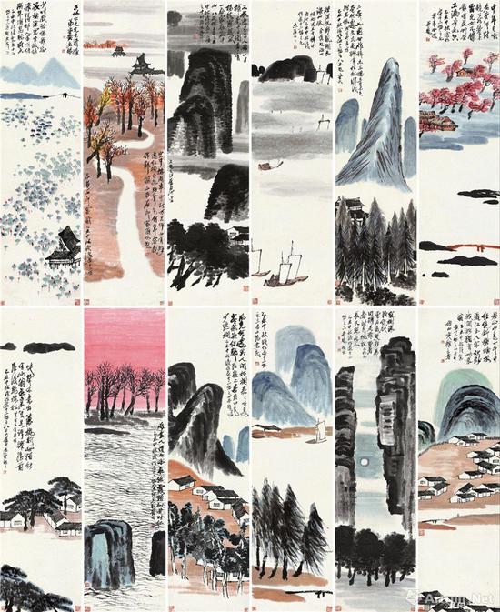 齊白石（1864~1957年） 1925年作《 山水十二條屏》（2017年北京保利9.315億元成交，折合美元1.397億元）