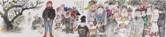 李津，李津先生京都行樂圖，53×235cm，紙本水墨設色，2018