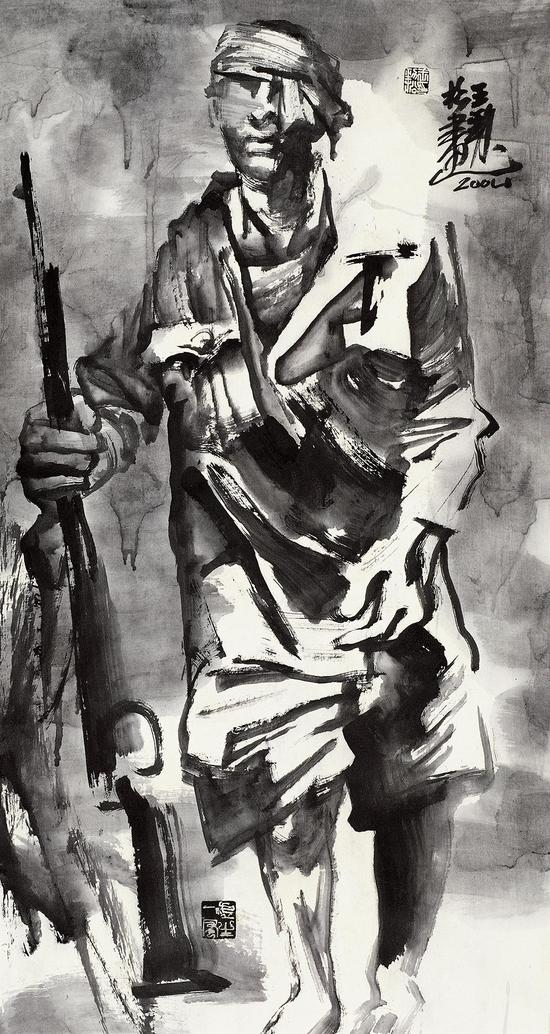 王勁松，水墨人物No.51，91×49cm，紙本水墨，2004