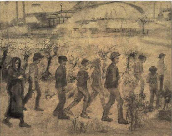 梵高《雪中礦工》（Miners in the Snow ）素描 1880年 網絡圖