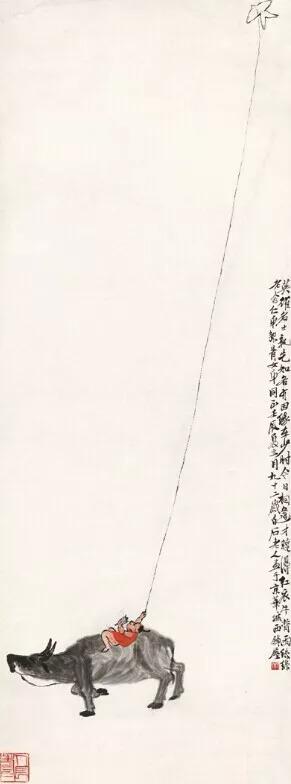 1952年 齊白石《紅衣牛背雨絲絲》（圖片來源中國美術館）