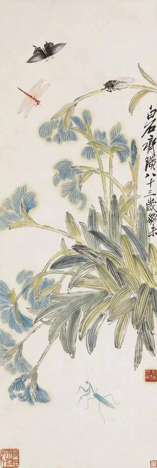 1943年齊白石《工蟲鳶尾花》（2013年嘉德春拍 成交價：1840萬元）