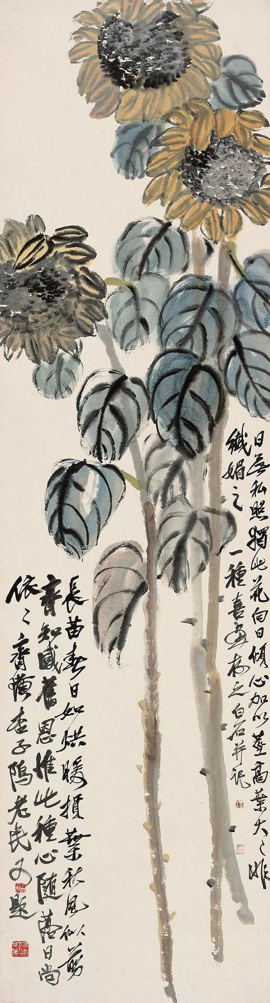 1951年齊白石《向日葵》（2013年中國嘉德春拍 成交價：1552.5萬元）