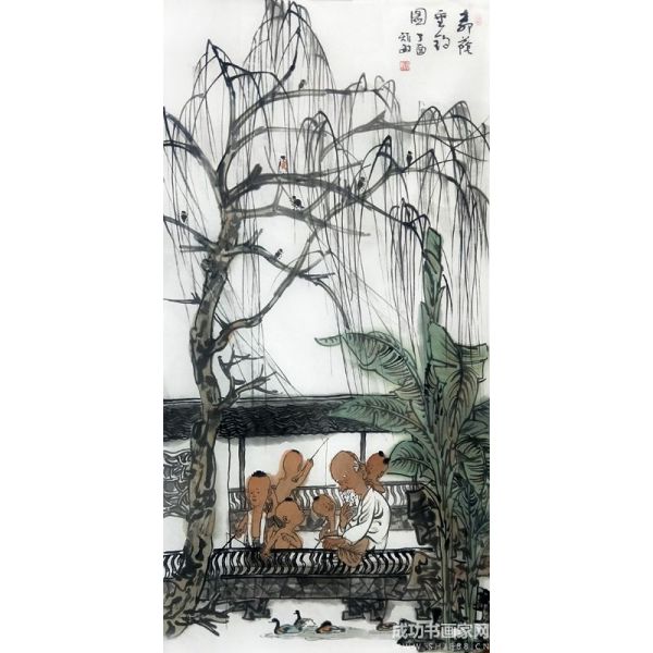 《柳蔭垂釣圖》