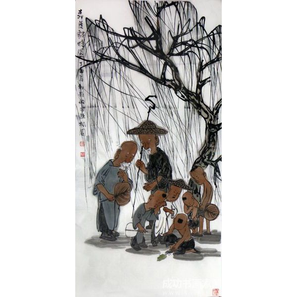 《柳蔭戲蛙圖》