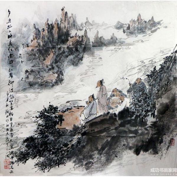 《夕照孤山映崖紅》