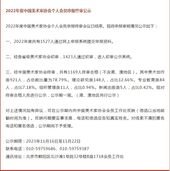 1169人合格，2022年度中國美術家協會個人會員申報終審公示